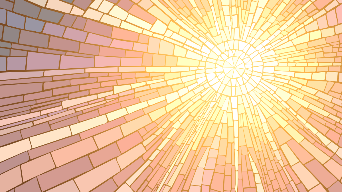 Glass mosaic of sun shining directly toward the viewer. Bright yellow at the centre with yellow, orange, pink, red, purple and blue panes of glass fanning outward.