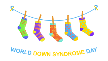 Colourful graphic showing patterned socks pinned to a blue clothesline with wooden clothes pins, and below is the text, "World Down Syndrome Day."