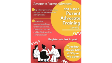 Parent Advocate Training Red ombre poster with yellow circle graphics and white text advertising parent advocate training. A black and white graphic of three people seated around a table appears at the bottom of the poster.