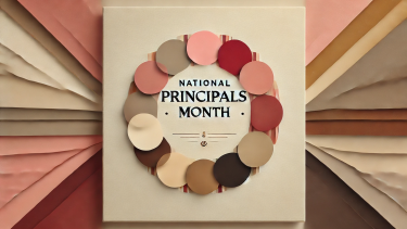 Origami-like pink and peach and tan folded paper design with the words, "National Principals Month" in the foreground. 