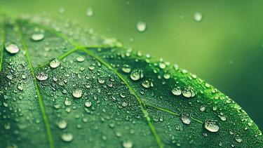 A closeup of raindrops bouncing off a green leaf with a blurred background of green leaves behind the closeup shot.