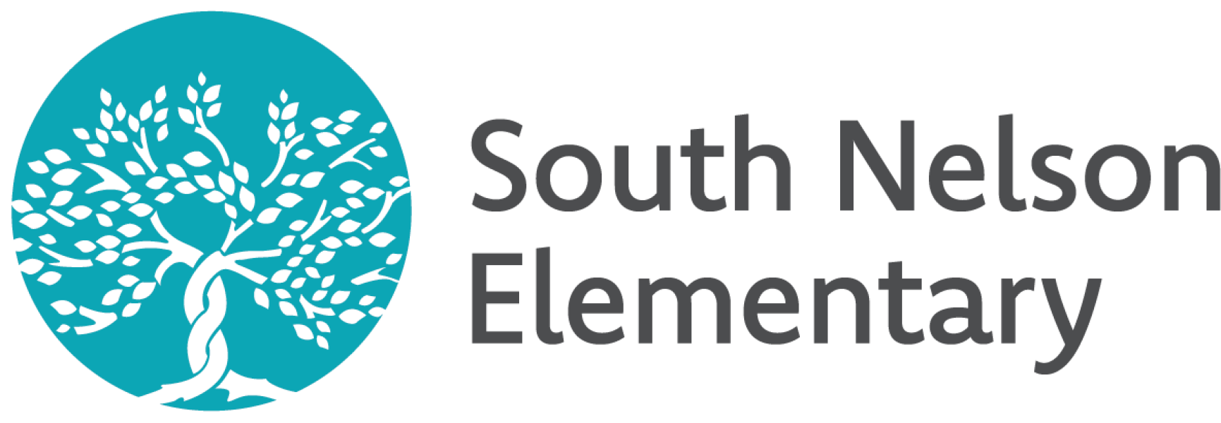 Teal green circle with white tree of life inside and to the right outside the circle, grey text that reads South Nelson Elementary.