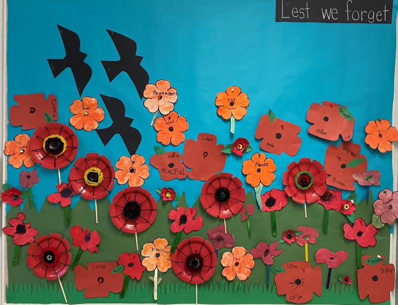 A textured piece of art showing poppies and grass in foreground and black birds and blue sky in the background