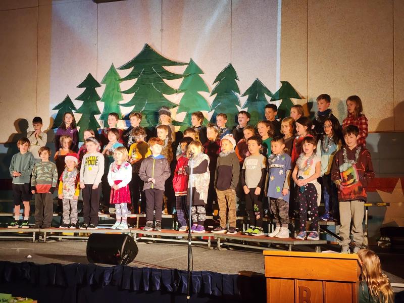 Elementary school students assembled in formation on a school stage in front of a scene of evergreen trees