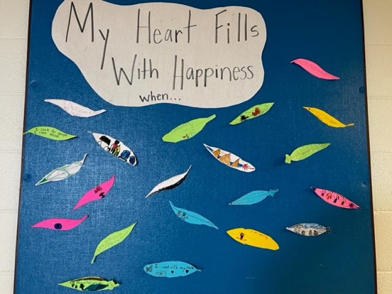 Deep blue square posterboard with leaves and petals pasted to it and a large cloud-shaped caption at the top that reads, "My Heart Fills With Happiness When..."