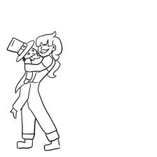 2D animation frame of young woman holding a bearded leprechaun 